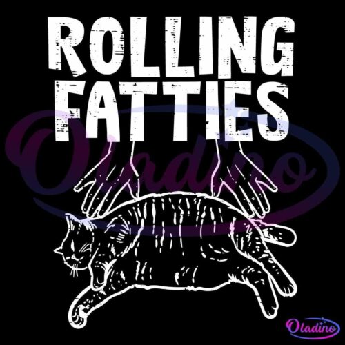 An illustration of a chubby cat lying on its side with its eyes closed, being petted by two hands from above. Above the image is the bold, distressed text "ROLLING FATTIES.