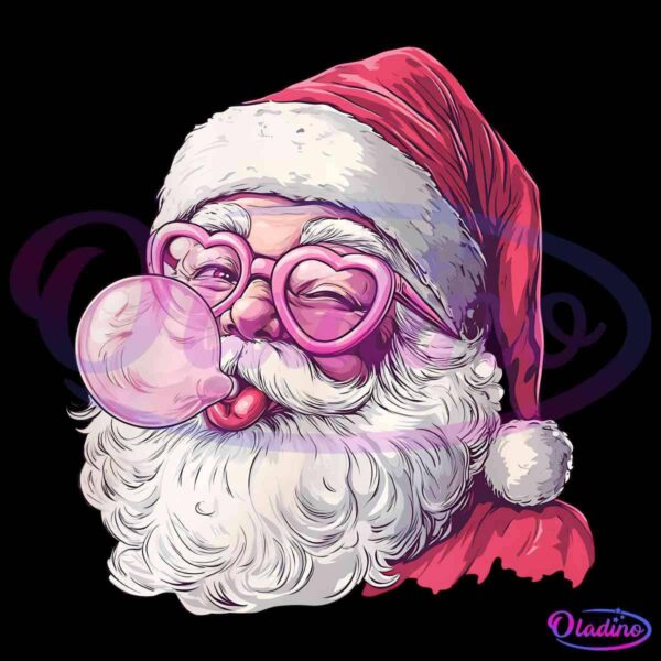 An illustration of Santa Claus blowing a pink bubblegum bubble. He is wearing a red and white Santa hat and has heart-shaped pink glasses. His white beard and mustache are prominently featured against the dark background.