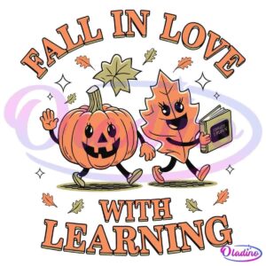 Illustration of a cheerful pumpkin character and an animated maple leaf holding a book titled "Crabapple Library". Both figures have friendly faces and are surrounded by autumn leaves, with the text “Fall in Love with Learning” in a decorative font above and below them.