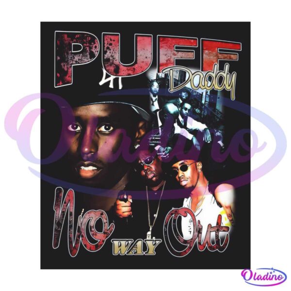 A graphic with the text "Puff Daddy - No Way Out" featuring three images of the artist. One is a close-up of his face, another shows him wearing sunglasses, and a third depicts him and others engaged in a conversation. The design has an urban, gritty aesthetic.