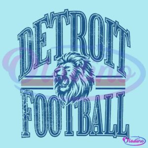 Stylized blue and grey graphic featuring a roaring lion in the center. 'Detroit' is written in large, arching letters at the top, and 'Football' in similar lettering below the lion. Horizontal stripes extend from behind the lion's head.