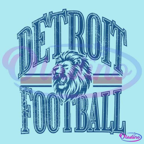 Stylized blue and grey graphic featuring a roaring lion in the center. 'Detroit' is written in large, arching letters at the top, and 'Football' in similar lettering below the lion. Horizontal stripes extend from behind the lion's head.