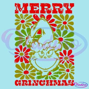 Retro Vintage Floral Merry Grinchmas Gricnh Head SVG