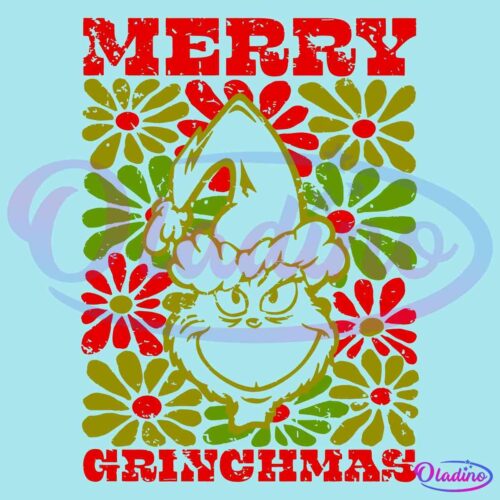 Retro Vintage Floral Merry Grinchmas Gricnh Head SVG