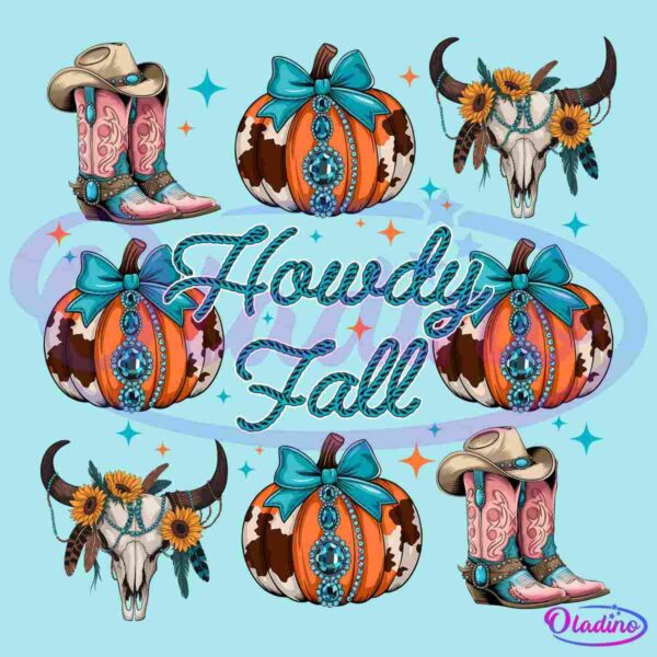 Retro Western Howdy Fall Pumpkin Bull Skull Cowboy Boots PNG