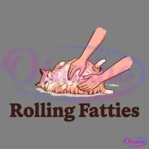 Illustration of a chubby, content orange tabby cat lying on its back with two hands playfully rubbing its belly. Below the image, the text "Rolling Fatties" is prominently displayed in bold, brown letters.