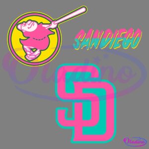 A bright and colorful graphic includes a playful depiction of a swinging cartoon monk in a yellow circle and a stylized "San Diego" in pink, blue, and yellow. Below, an interlocking "SD" logo combines teal and pink elements, creating a vibrant design.