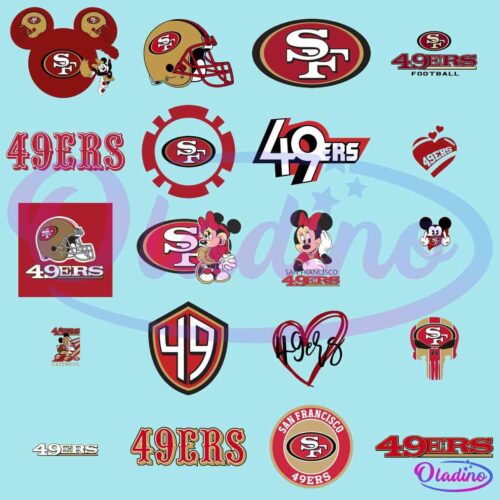 A collage of various San Francisco 49ers logos and themed designs, including helmets, the iconic "SF" logo, the number "49," and several illustrations of Minnie and Mickey Mouse wearing 49ers gear. The color scheme features red, gold, black, and white.