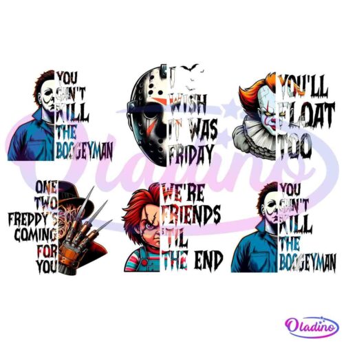 An image featuring six illustrations of iconic horror film characters: Michael Myers, Jason Voorhees, Pennywise, Freddy Krueger, Chucky, and another Michael Myers. Their faces are partially obscured by the phrase, “I am the boogeyman.”.