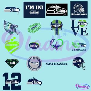 A collage of various Seattle Seahawks logos and designs, including the team's hawk head logo, the number 12, "I'm In!" text, footballs, hearts, cityscapes, and creative renditions incorporating team colors and symbols.