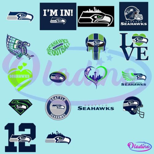 A collage of various Seattle Seahawks logos and designs, including the team's hawk head logo, the number 12, "I'm In!" text, footballs, hearts, cityscapes, and creative renditions incorporating team colors and symbols.