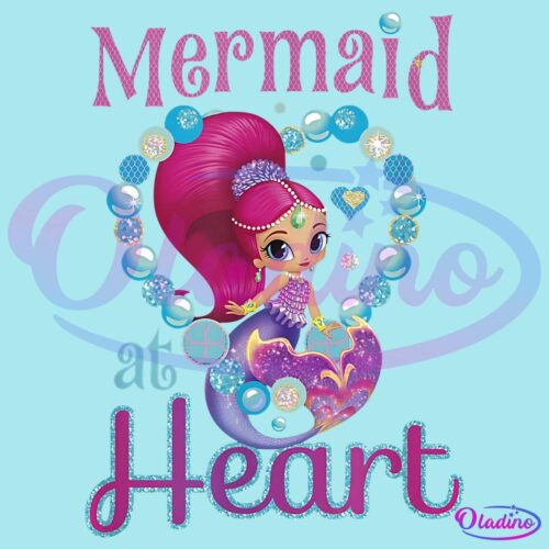 A vibrant illustration of a mermaid with a large pink ponytail and sparkling tail, surrounded by bubbles forming a heart shape. The text "Mermaid at Heart" is displayed above and below the mermaid in playful, decorative fonts.