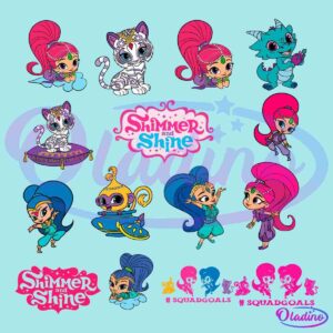 A colorful collage featuring characters from "Shimmer and Shine." It includes two girls with pink and blue hair, various magical creatures like cats and a genie, and the series' logo. The bottom row showcases silhouettes and hashtags #SQUADGOALS and #SQUADGOALS.