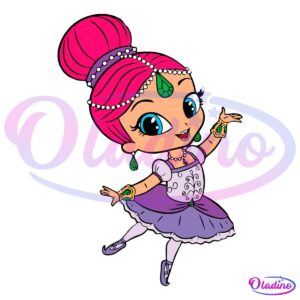 A cheerful cartoon girl with bright pink hair styled in a bun adorned with pearls and an emerald headpiece. She wears a purple ballerina outfit with a tutu, white tights, and purple ballet shoes. Her arms are outstretched, and she is adorned with emerald jewelry.