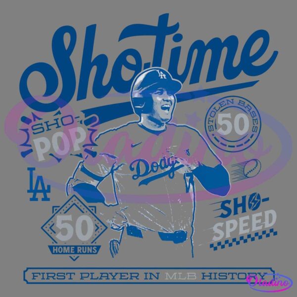 Illustrated image in blue of a baseball player in a Dodgers uniform celebrating with text highlighting achievements: "Shotime," "SHO-POP," "50 HOME RUNS," "50 STOLEN BASES," "SHO-SPEED," and "FIRST PLAYER IN MLB HISTORY.