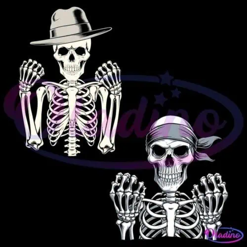 Illustration of two skeletons: the one on the left wears a fedora hat, while the one on the right has a bandana tied around its head. Both skeletons have their hands raised. The background is black.