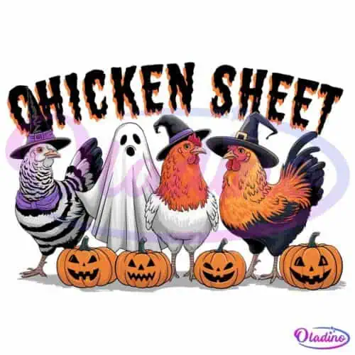 Illustration of three chickens dressed in Halloween costumes: one as a witch, one as a ghost, and one as a wizard. They are standing among carved pumpkins with spooky faces. The text "CHICKEN SHEET" appears above them in a creepy font.