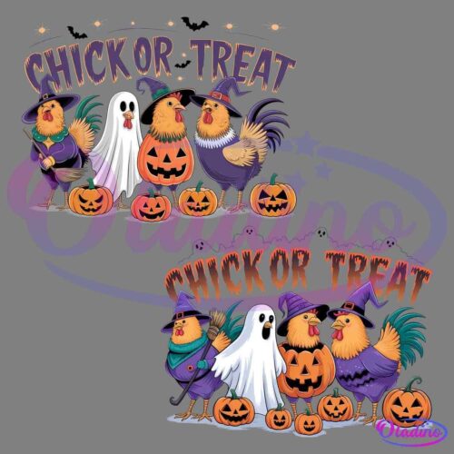 Two illustrations of Halloween-themed chickens in costumes. One chicken is dressed as a witch, another as a ghost, and a third as a wizard. They stand among carved pumpkins, with the text "Chick or Treat" above them in a spooky font.