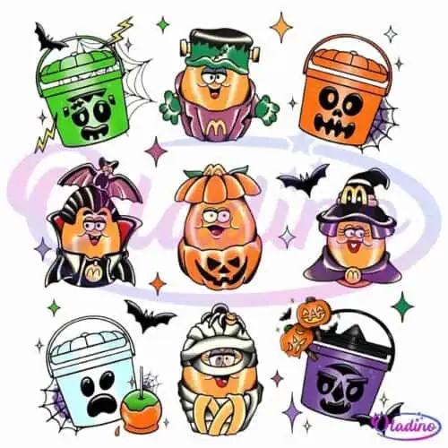 Illustration of nine cartoon Halloween buckets, each themed differently, including Frankenstein, vampire, Jack-o'-lantern, witch, mummy, and more. The buckets are colorful and depicted with playful expressions and small decorative icons like stars and candy apples.