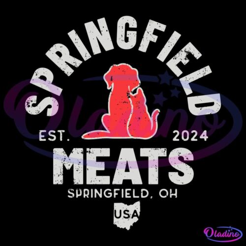 Logo of Springfield Meats featuring a red silhouette of a dog and a cat sitting together, with text around it reading "Springfield Meats, Est. 2024, Springfield, OH, USA." The text and the animals are set against a black background.