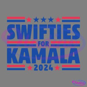 A campaign-style graphic with blue text reading "SWIFTIES FOR KAMALA 2024" is featured. Red and blue stars, along with horizontal lines, decorate the top and bottom of the text, giving the image a patriotic look.