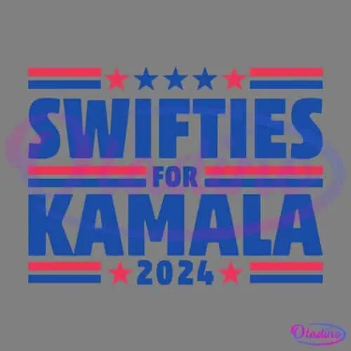 A campaign-style graphic with blue text reading "SWIFTIES FOR KAMALA 2024" is featured. Red and blue stars, along with horizontal lines, decorate the top and bottom of the text, giving the image a patriotic look.