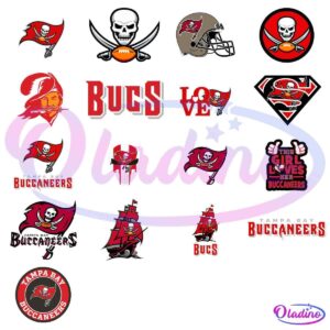 A compilation of Tampa Bay Buccaneers logos alternates and fan designs. Includes variations of the team flag, pirate skulls, a pirate ship, "Bucs" text, a heart design, and phrases supporting the Buccaneers. The designs feature red, white, and black colors.