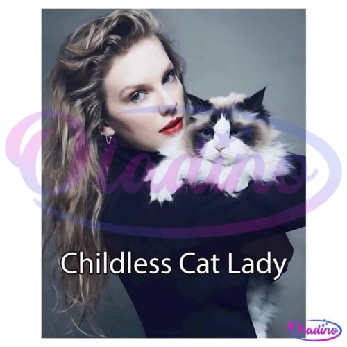 A woman with long, wavy blonde hair is holding a fluffy white and brown cat close to her face. She has red lips and is wearing a black top. The words "Childless Cat Lady" are written across the bottom of the image.