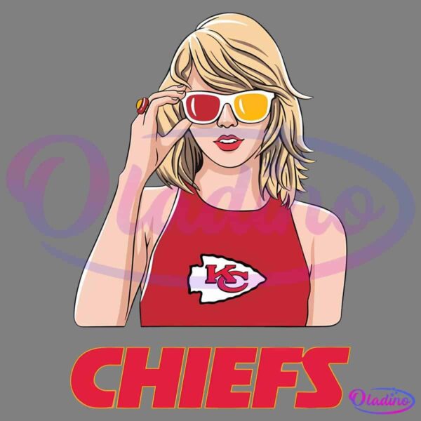 An illustration of a woman with blonde hair wearing sunglasses, a red tank top with a Kansas City Chiefs logo, and a red ring. Below the figure, the word "CHIEFS" is displayed in bold red and yellow letters. The background is black.