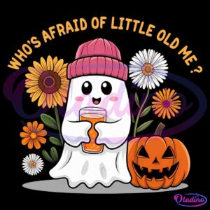 A cute ghost wearing a pink beanie holds a frothy drink, surrounded by colorful flowers. A carved pumpkin with a friendly face sits beside the ghost. The text above reads "Who's afraid of little old me?.