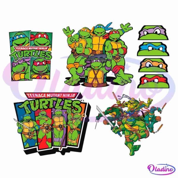 Collage featuring Teenage Mutant Ninja Turtles. From left to right: poster with four turtles, team pose of the turtles with their weapons, eye mask color bands of each turtle, group pose of the turtles, and another poster of the four turtles holding weapons.