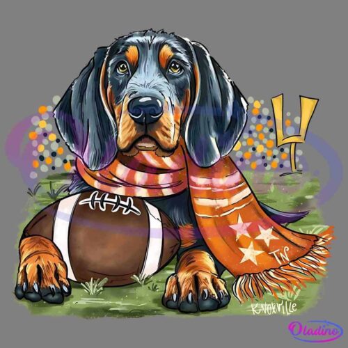 A cartoon of a black and brown dog wearing an orange scarf with white stars sits on a field. The dog has a football in front of it and is backed by a crowd with yellow lights and a yellow goalpost. The scarf has the initials "TN" on it.