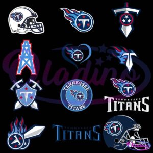 A collage featuring variations of the Tennessee Titans logo, including helmets, swords with flames, oil derricks, hearts, and the team's name in different fonts. The logos display the team's colors: navy blue, red, and white.