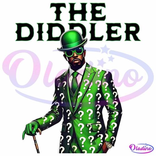 A man dressed in a green suit adorned with white question marks stands confidently with a cane. He wears a green bowler hat, sunglasses, and a green tie, exuding an air of mystery. Above him, the words "The Diddler" are prominently displayed in bold green letters.