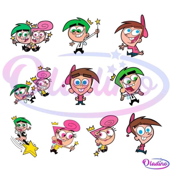 A pattern featuring cartoon characters from "The Fairly OddParents" on a black background. The characters include a boy in a pink hat, a green-haired fairy, and a pink-haired fairy, depicted in various dynamic and joyful poses, often with magic wands and sparkles.