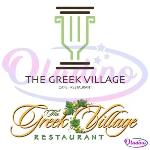 The image displays two logos for "The Greek Village Cafe - Restaurant." The top logo features a stylized green column above the establishment's name. The bottom logo is more ornate, with cursive script, a vine with green leaves, and grapes intertwined.