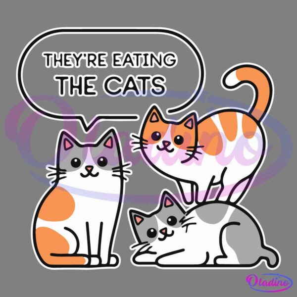 A cartoon image of three cats with white and orange fur. One cat is sitting, another is standing on its hind legs, and the third cat is lying down. A speech bubble from the sitting cat says "THEY'RE EATING THE CATS.