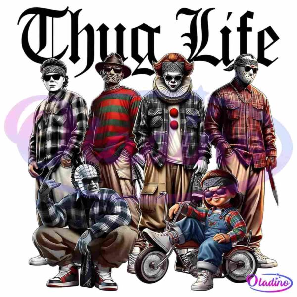 An illustration features six characters dressed in gang-affiliated attire, including bandanas, plaid shirts, and baggy pants. They have clownish or eerie masks, with one character riding a small tricycle. The text "Thug Life" appears in the background.