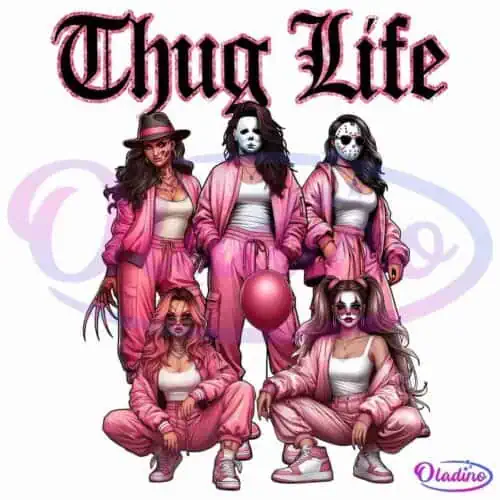 Illustration of five confident women in pink tracksuits and white tops, each wearing a different bold mask or face paint. Some have unique accessories, like a hat or a balloon. The words "Thug Life" are prominently displayed at the top of the image.