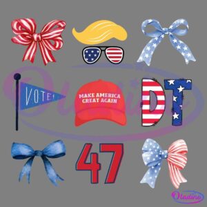 Nine patriotic-themed icons on a black background, including bows in red, white, and blue, a flag reading "VOTE!", a cap with "MAKE AMERICA GREAT AGAIN," the letters "DT," a number "47," and sunglasses with American flag designs, and a blonde hairpiece.