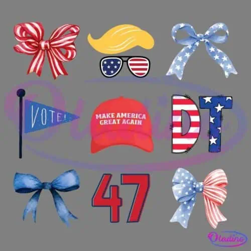 Nine patriotic-themed icons on a black background, including bows in red, white, and blue, a flag reading "VOTE!", a cap with "MAKE AMERICA GREAT AGAIN," the letters "DT," a number "47," and sunglasses with American flag designs, and a blonde hairpiece.