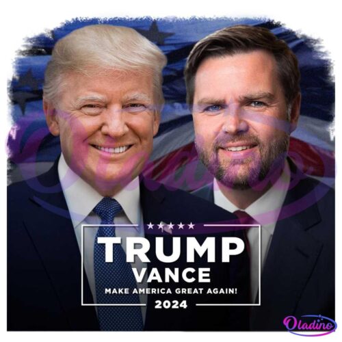 A campaign image features two men in suits with text overlayed. The text reads: "TRUMP VANCE" above, and "MAKE AMERICA GREAT AGAIN! 2024" below. The background consists of an American flag.