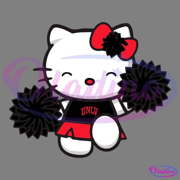 A cute cartoon character, resembling Hello Kitty, is wearing a black and red cheerleader outfit with "UNLV" on the top. The character has a red bow with a black pom-pom on its head and is holding two black pom-poms, one in each paw, against a black background.