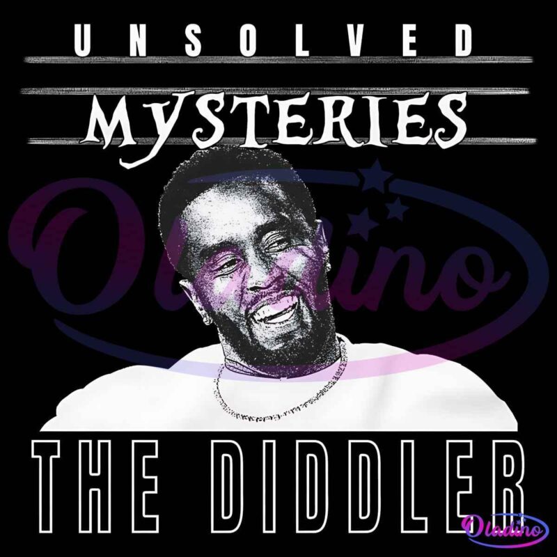 A monochrome graphic with the words "UNSOLVED MYSTERIES" at the top, and "THE DIDDLER" at the bottom. In the center, there's a black and white image of a man smiling widely, wearing a necklace. The background is solid black.