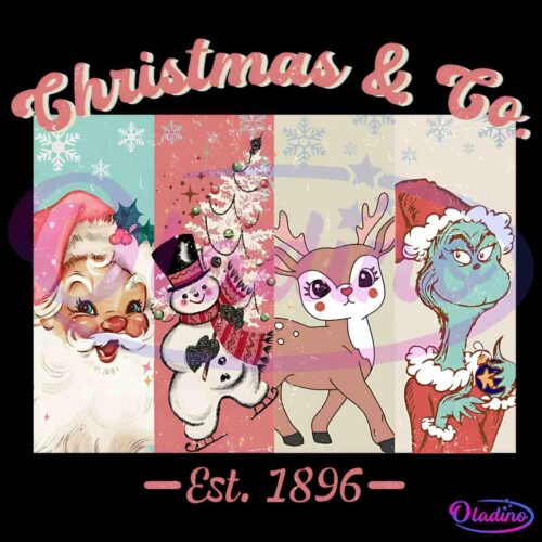 A festive collage featuring four Christmas characters: a smiling Santa Claus, a joyful snowman with a Christmas tree, a cute reindeer, and a grumpy character in a Santa hat. Above them, "Christmas & Co." is written. Below, it reads "Est. 1896". Snowflakes decorate the background.