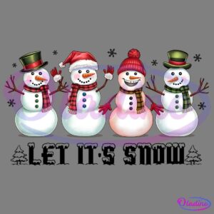 Four cheerful snowmen stand side by side, each with unique accessories including hats, scarves, and gloves. From left to right: a top hat with a red scarf, a Santa hat with a plaid scarf, a red beanie with red gloves, and a green hat with a green scarf.