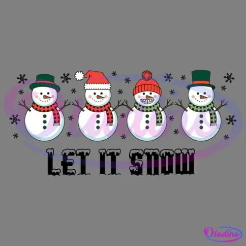 Four smiling snowmen are dressed in festive winter attire, including hats and scarves. The first and fourth snowmen wear green top hats and green scarves, the second a red Santa hat and red scarf, and the third a red beanie with a red-and-green scarf. They stand in a row on a black background.