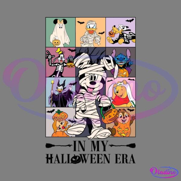 A colorful Halloween-themed collage features nine cartoon characters each dressed in a costume, including a mummy, skeleton, witch, and vampire. The central character, wrapped as a mummy, holds a pumpkin-shaped bucket. Small flying bats decorate the image.