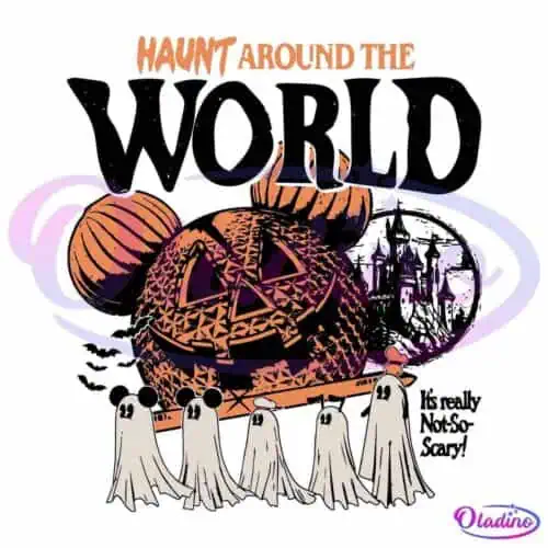 Illustration of five small ghosts wearing sheets, standing in front of a giant decorative pumpkin with a carved face. The text "Haunt Around The" is displayed above the pumpkin in orange letters with a haunted house theme.