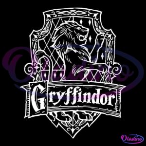 A black and white illustration features the Gryffindor house crest from the Harry Potter series. The detailed crest showcases a lion standing on its hind legs, with a banner below it that reads "Gryffindor." Ornate designs frame the entire crest.